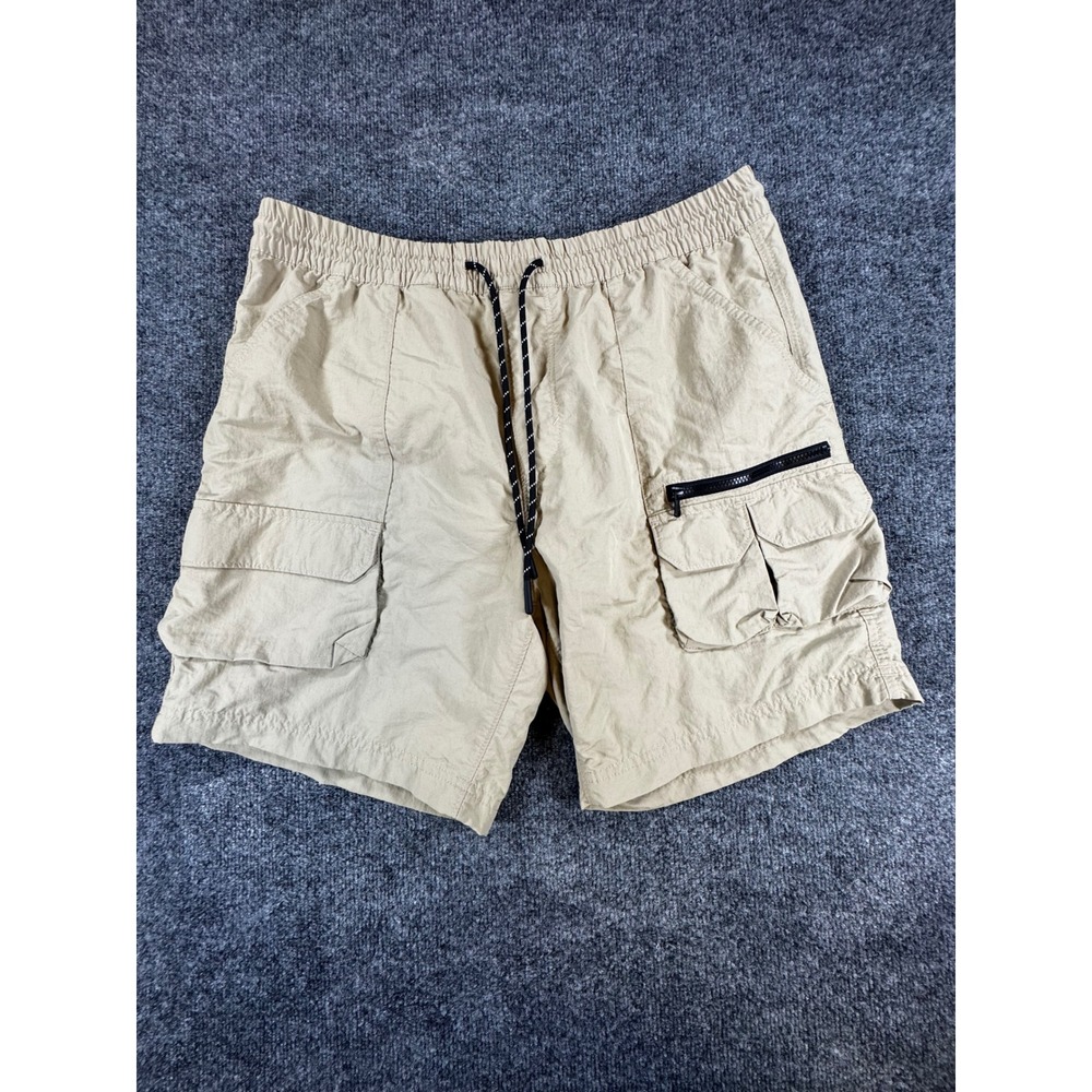 #55 Aeropostale Men Tan Nylon Cargo Shorts Elastic Waist Drawstring Mesh Lined L